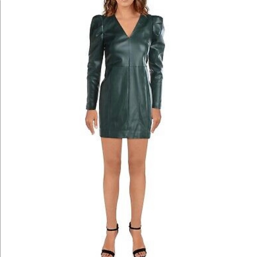 Green vegan leather long sleeve dress